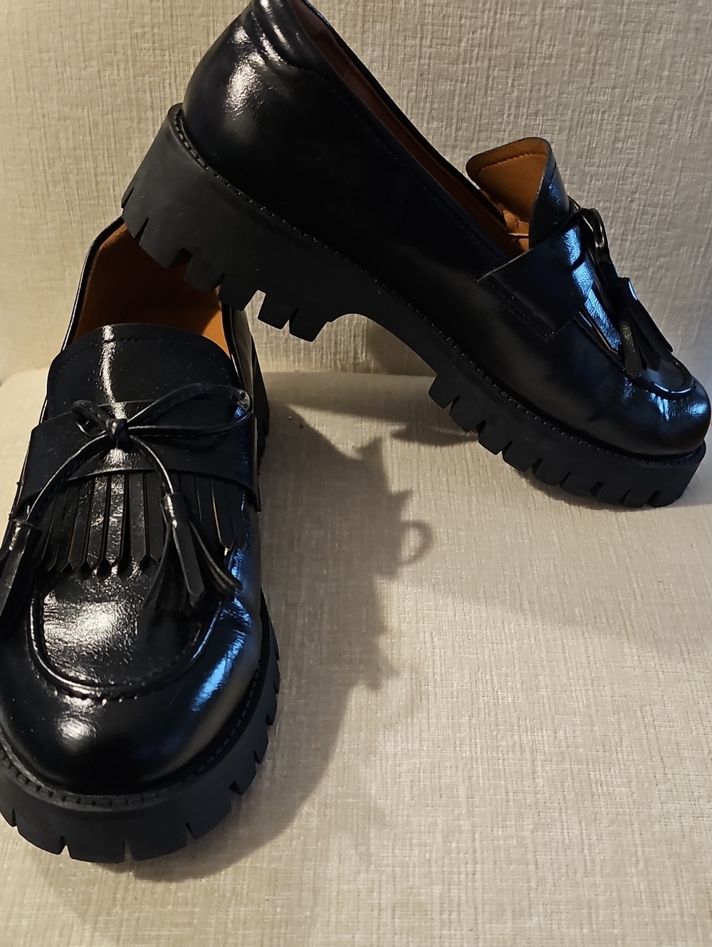 Black Leather Tassel Fringe Lug Sole Loafers - Men